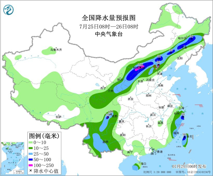 图3 全国降水量预报图（7月25日08时-26日08时）