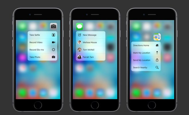 ▲ 3D Touch 的快捷操作，重压即可快速启用 App 的某项功能