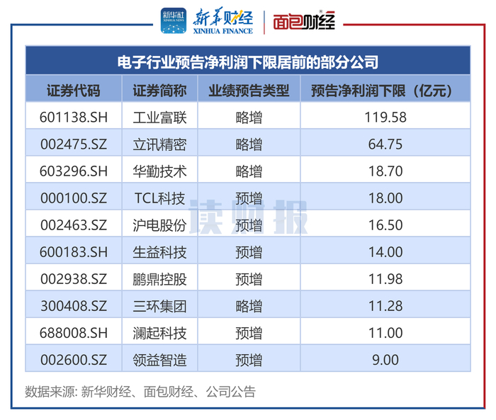 图2：电子行业预告净利润下限居前的部分公司
