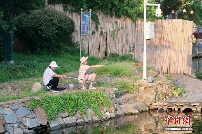 　　7月19日，江西省南昌市八一公园内，钓鱼爱好者持小鱼竿悠哉垂钓。朱莹 摄
