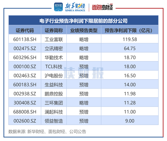 图2：电子行业预告净利润下限居前的部分公司