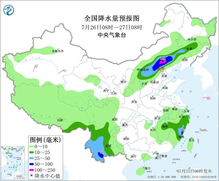 图2 全国降水量预报图（7月26日08时-27日08时）