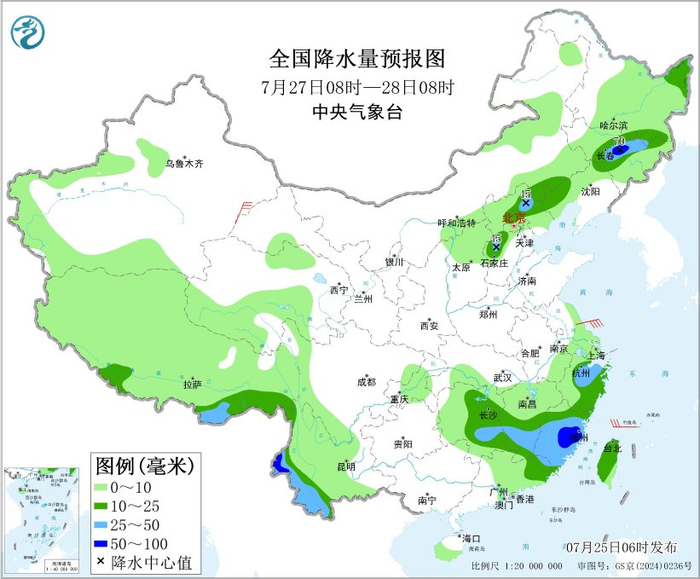图3 全国降水量预报图（7月27日08时-28日08时）