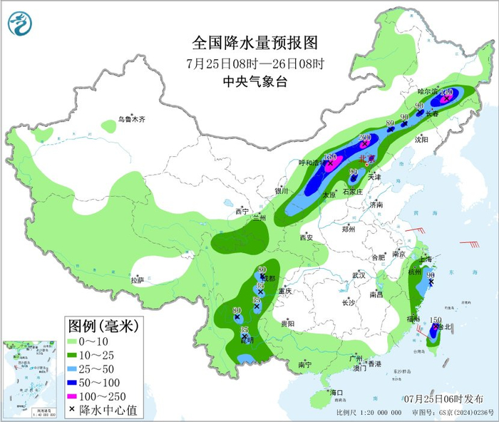 图1 全国降水量预报图（7月25日08时-26日08时）