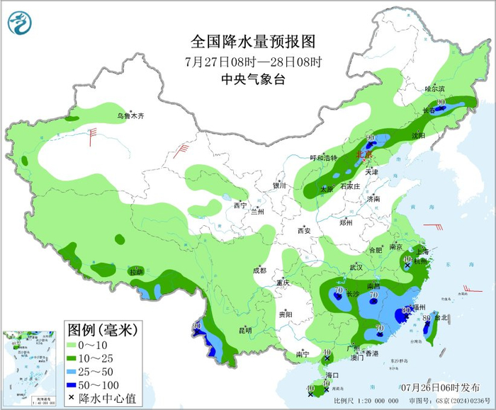 图3 全国降水量预报图（7月27日08时-28日08时）