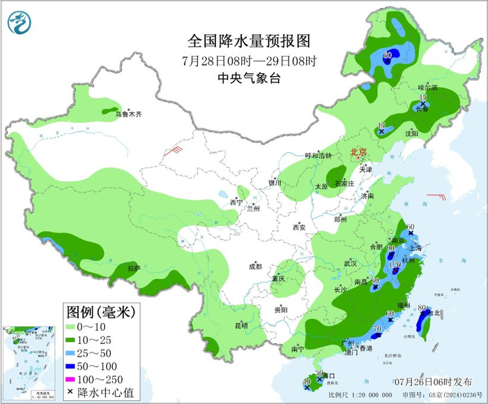 图4 全国降水量预报图（7月28日08时-29日08时）