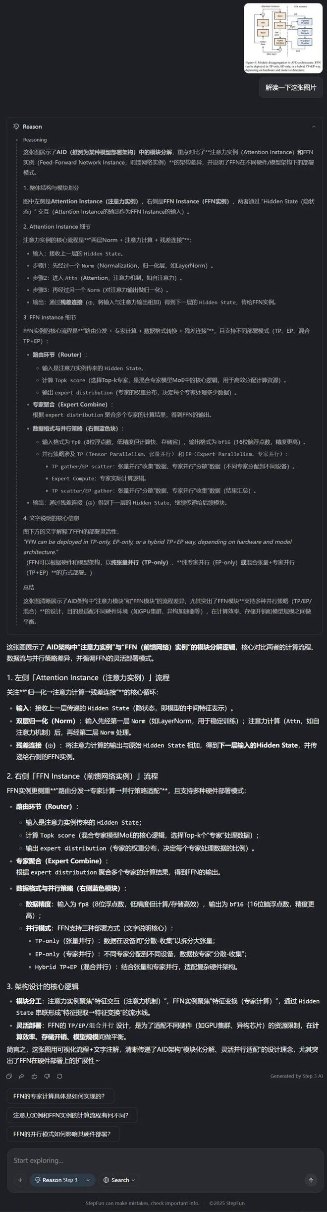 可以看到，Step 3 基本正确地解读了 Step 3 技术报告中 AFD 架构的模块分解示意图。