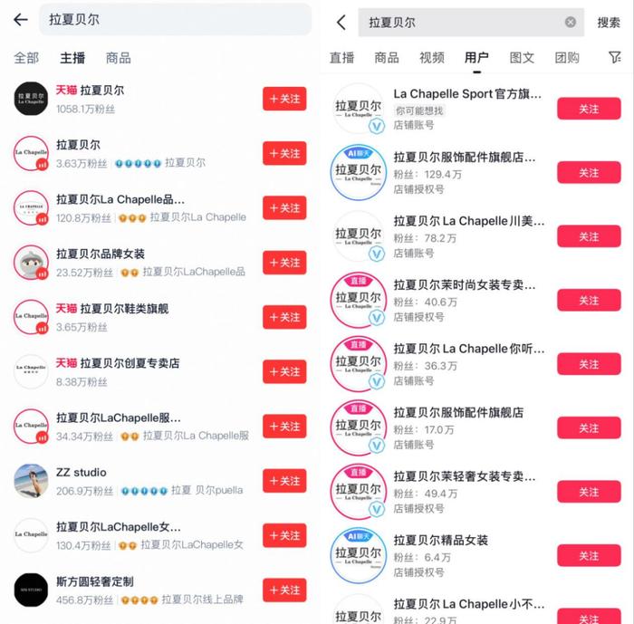 以“拉夏贝尔XX”为名的商家在淘系、抖音扎堆出现