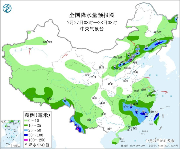 图2 全国降水量预报图（7月27日08时-28日08时）