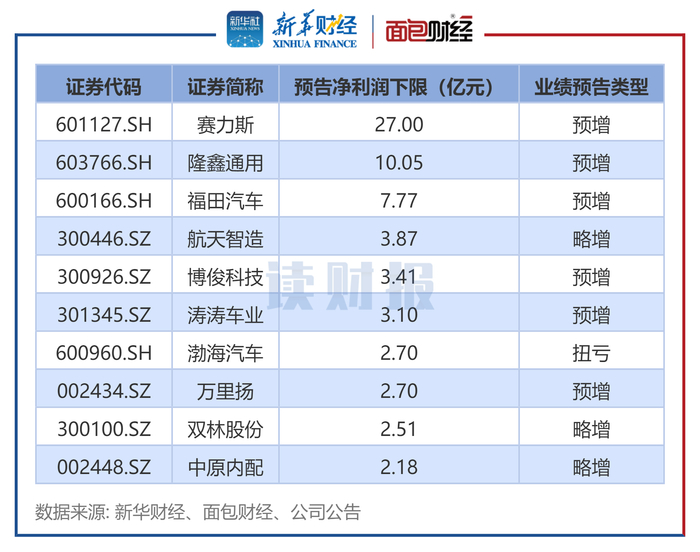 图3：2025年中报汽车行业预告归母净利润下限前十