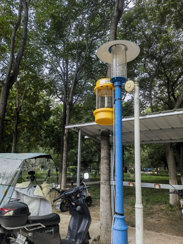 　　图为北京市丰台区彩虹城社区道路旁的灭蚊灯。