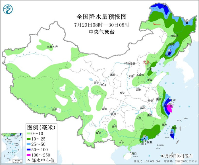 图3 全国降水量预报图（7月29日08时-30日08时）