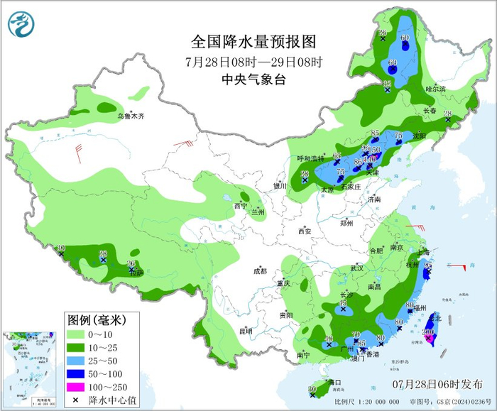 图2 全国降水量预报图（7月28日08时-29日08时）