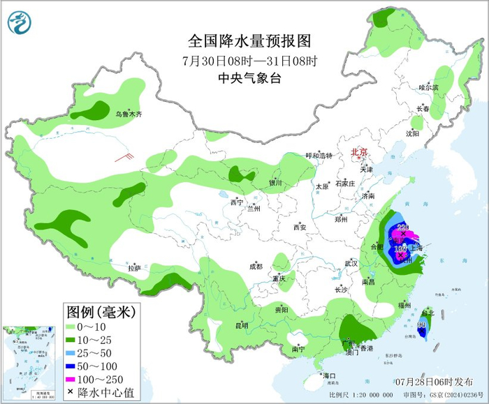 图4 全国降水量预报图（7月30日08时-31日08时）