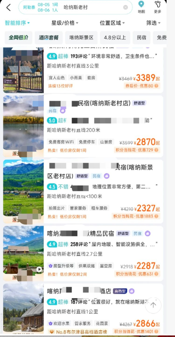 网友晒喀纳斯景区民宿价格。网络截图
