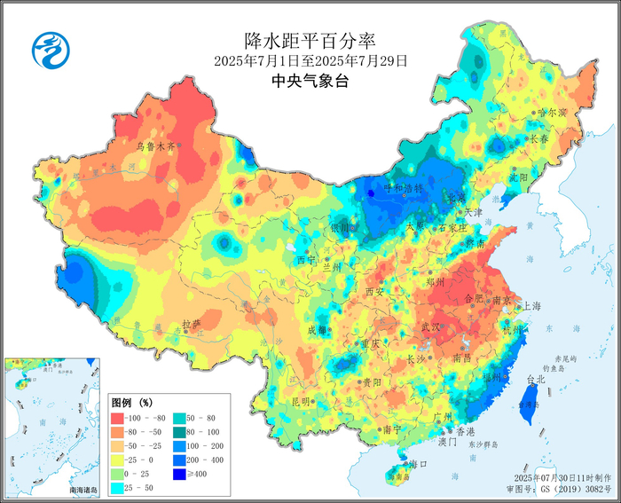 图2  2025年7月1日至7月29日全国降水距平百分率
