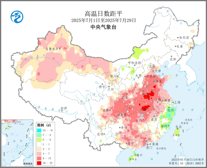 图1  2025年7月1日至7月29日全国高温日数距平