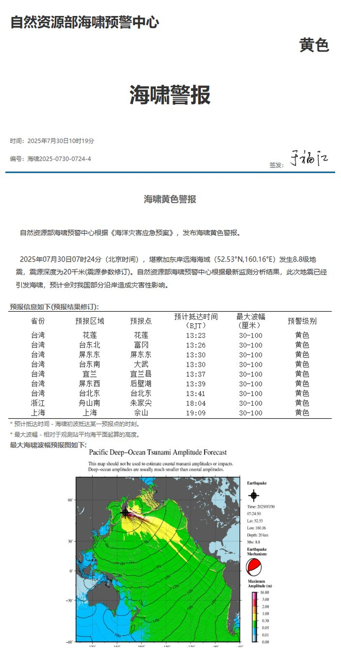 海啸黄色警报：堪察加海域地震预计会对我国部分沿岸造成灾害性影响