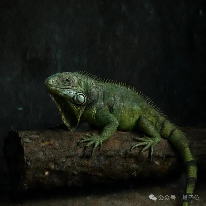 △文生图prompt：一只纹理鲜明的绿色鬣蜥静卧在饱经风霜的树干上，倚靠着一堵幽暗墙壁。