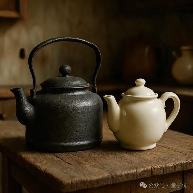 △文生图prompt：一幅老式厨房场景，铸铁水壶与陶瓷茶壶置于粗削木桌上。