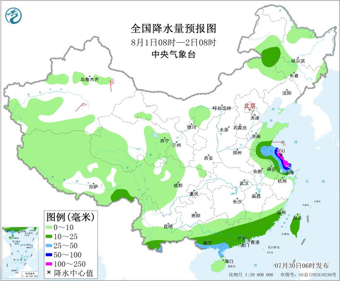 图5 全国降水量预报图（8月1日08时-2日08时）