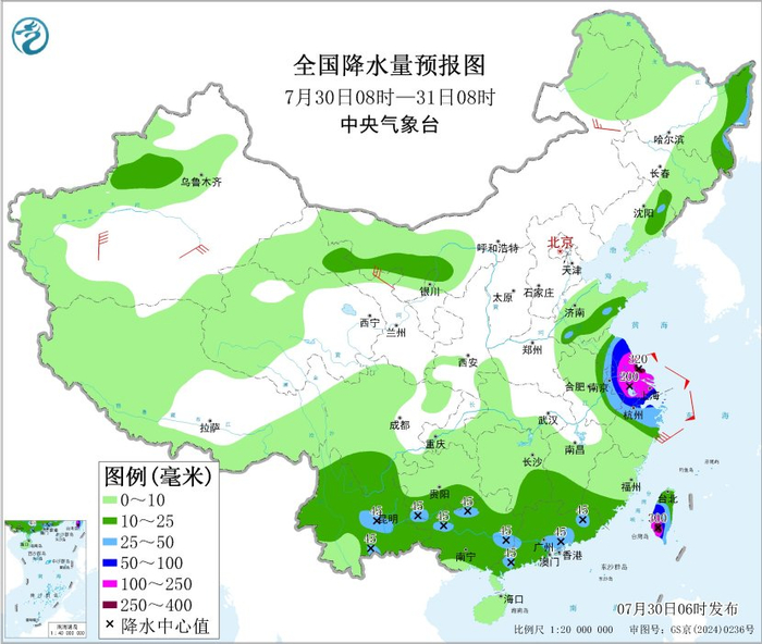 图3 全国降水量预报图（7月30日08时-31日08时）