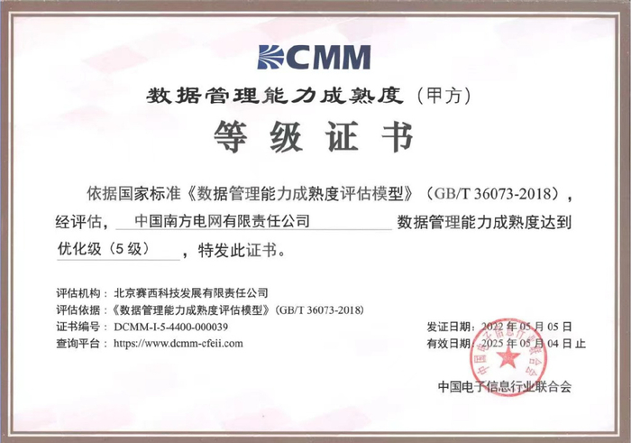 图7 南方电网DCMM优化级（五级）证书
