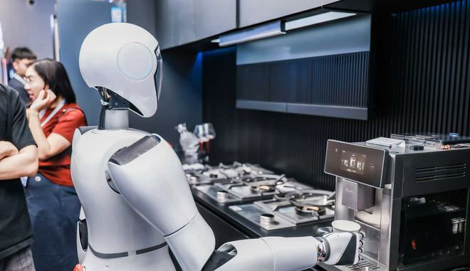 （WAIC2025上，美的自研人形机器人在COLMO展台 图源：美的）