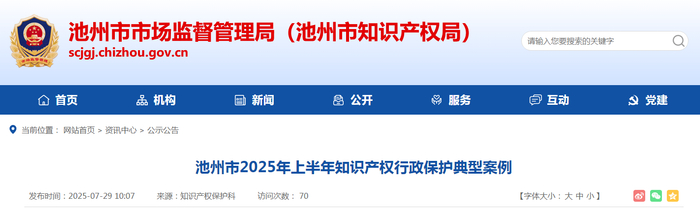 池州市2025年上半年知识产权行政保护典型案例