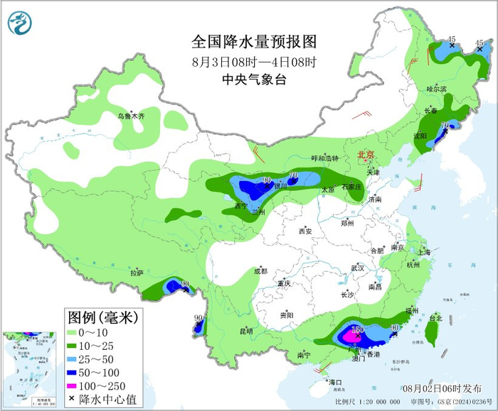 图5 全国降水量预报图（8月3日08时-4日08时）