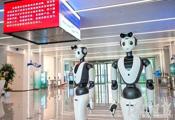7月31日，智能服务机器人在雄安科创中心技术成果交易大厅迎接来宾。河北日报记者李东宇摄