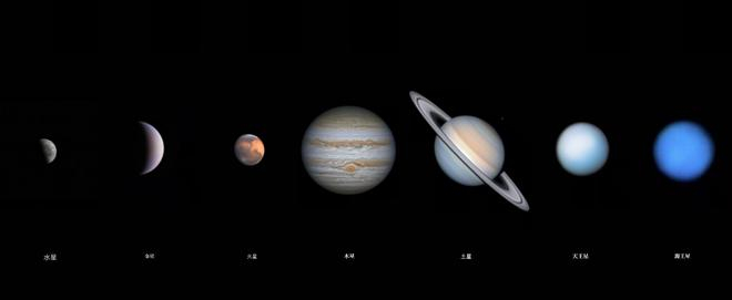 除地球外，太阳系另外七大行星的“合影（拼版）”。（汉玲 摄）