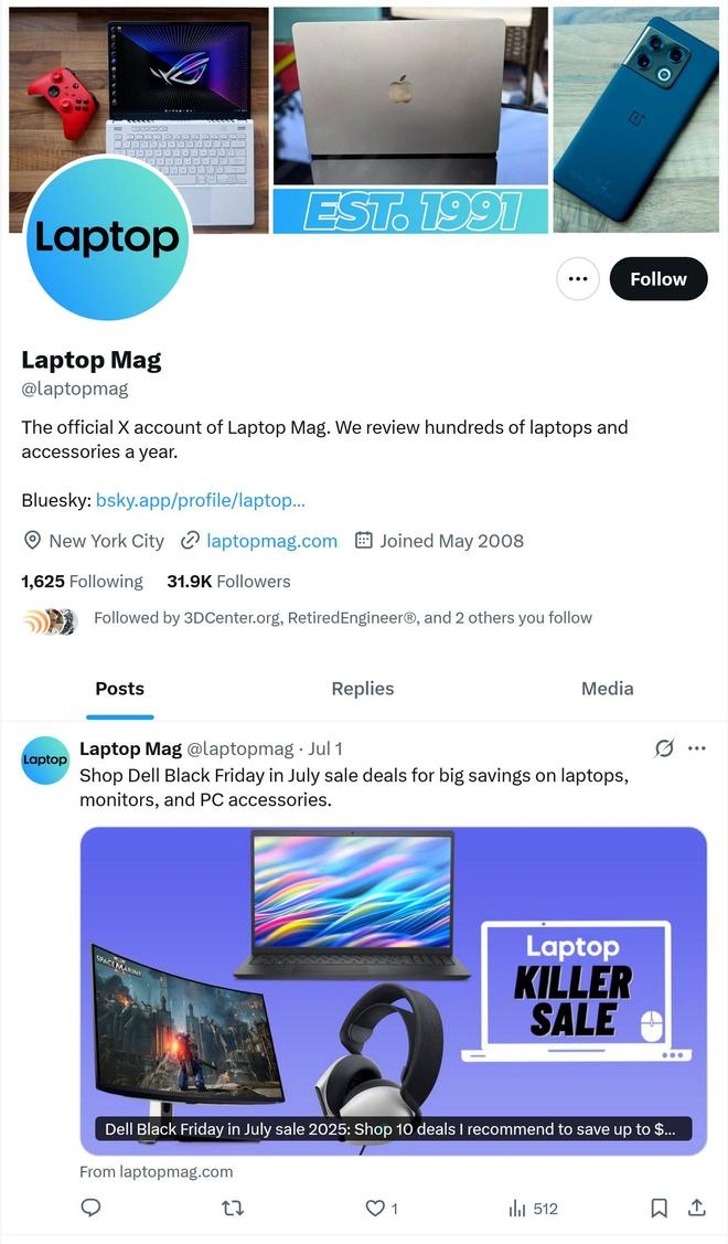 ▲ Laptop Mag 的 X 账号最新动态