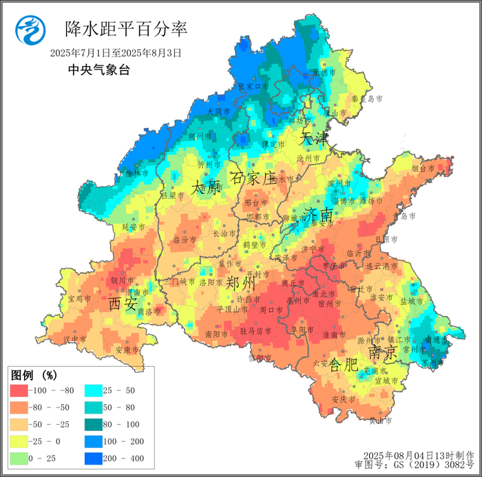 图1 2025年7月1日至8月3日高温日数距平（左）和降水距平百分率（右）