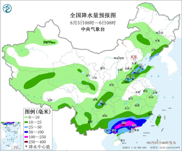 图5 全国降水量预报图（8月5日08时-6日08时）