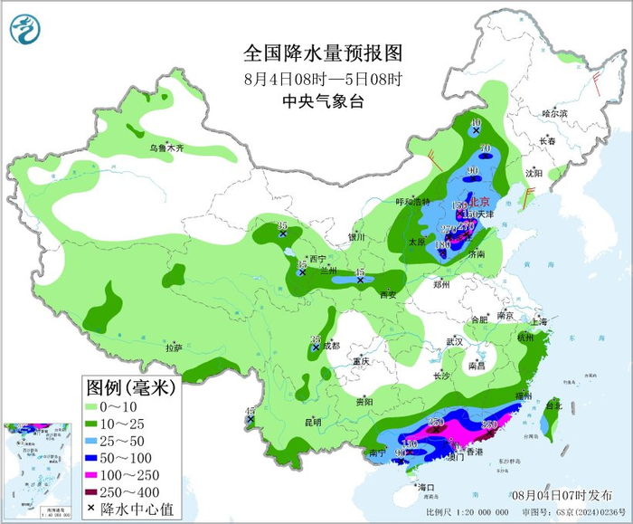 图4 全国降水量预报图（8月4日08时-5日08时）