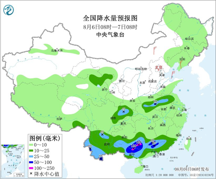 图6 全国降水量预报图（8月6日08时-7日08时）