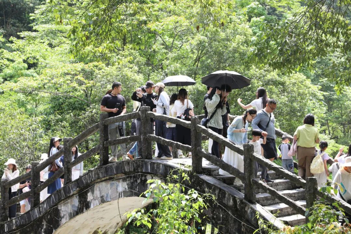 图为游客在姑婆山景区游玩