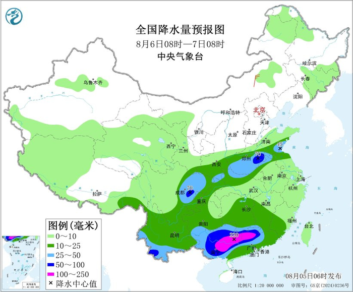 图5 全国降水量预报图（8月6日08时-7日08时）