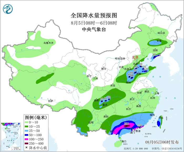 图4 全国降水量预报图（8月5日08时-6日08时）