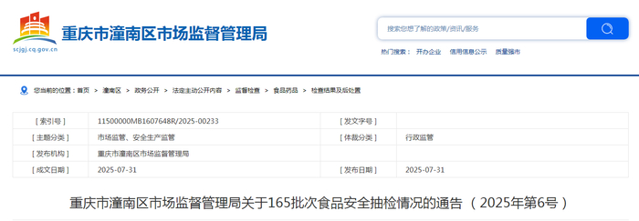 重庆市潼南区市场监督管理局关于165批次食品安全抽检情况的通告 （2025年第6号）