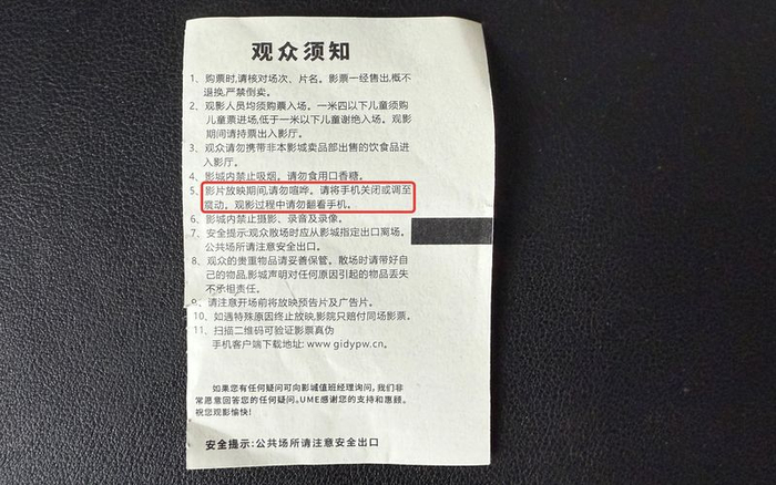多数电影院票根会提示观影者勿喧哗，请勿翻看手机。新京报记者 田杰雄 摄