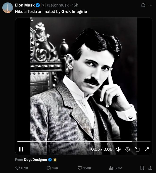 Grok Imagine 生成尼古拉·特斯拉动图｜图片来源：X