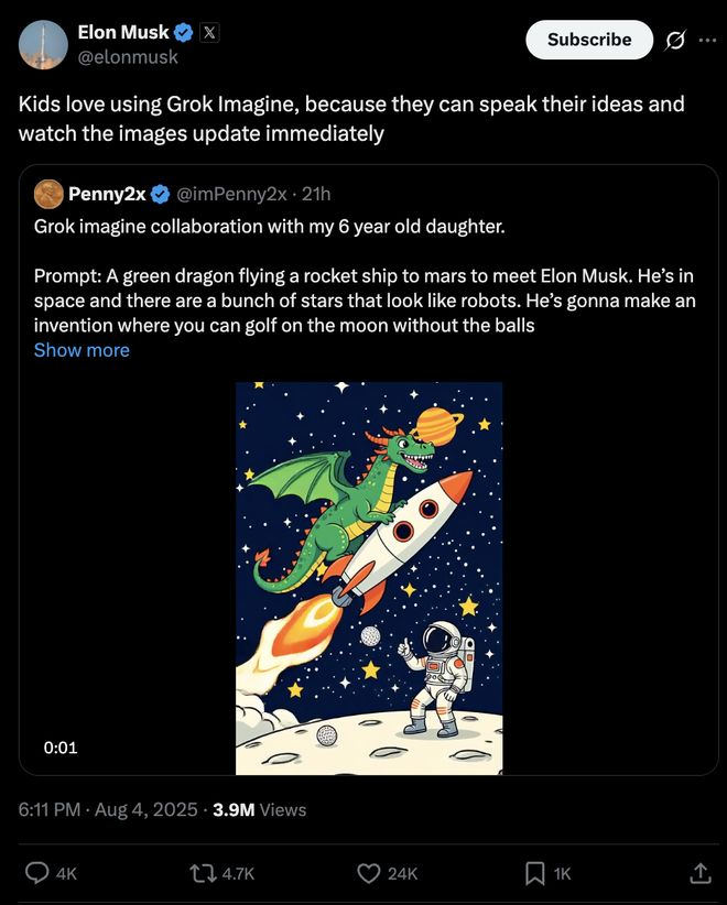 马斯克发帖称孩子们喜欢使用 Grok Imagine｜图片来源：X