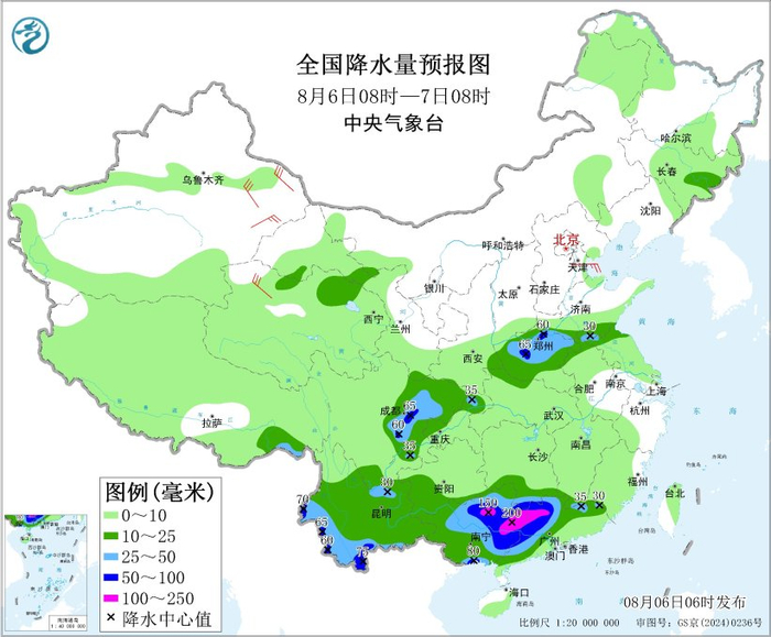 图4 全国降水量预报图（8月6日08时-7日08时）