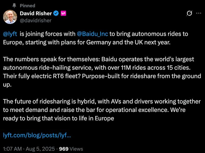 LyftCEO David Risher的推文，图源David Risher个人X号