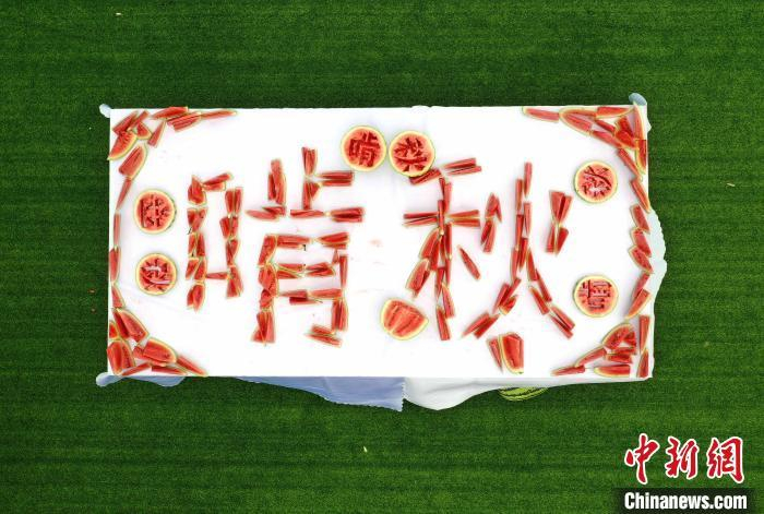资料图：图为工作人员用西瓜摆放的“啃秋”。陈超 摄