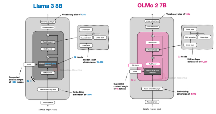 图 10：Llama 3 与 OLMo 2 的架构对比图。