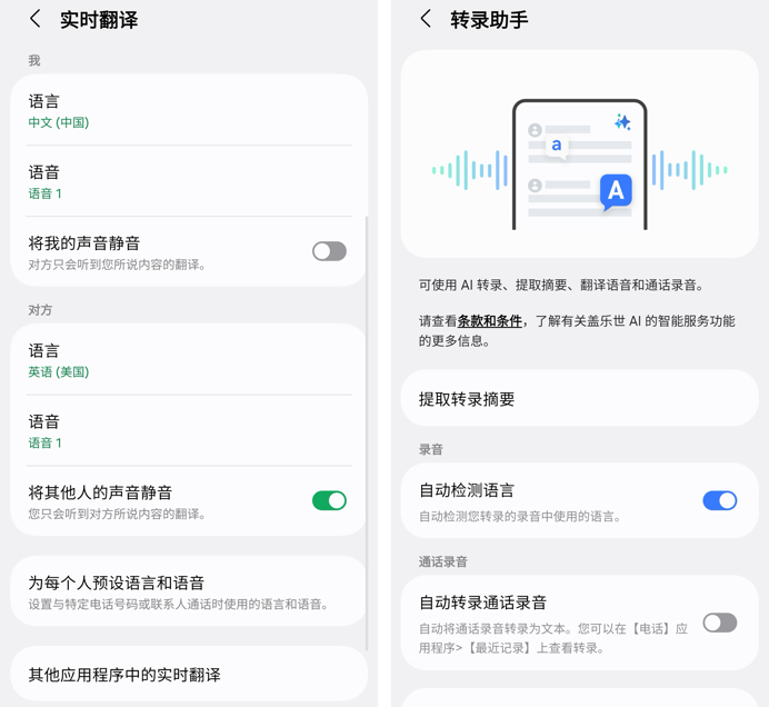 通话实时翻译及转录功能相关设置选项