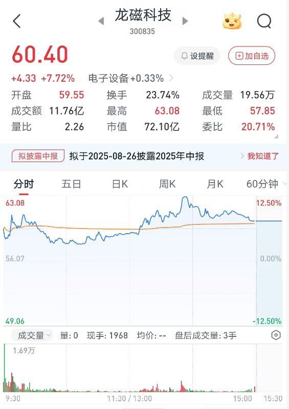 龙磁科技今日分时图